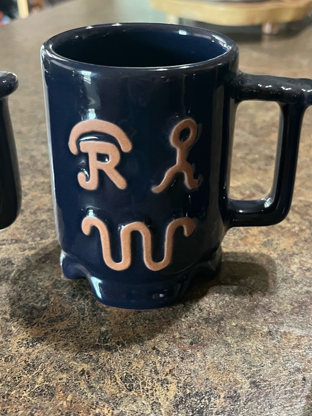 Frankoma Navy Blue with cattle brands coffee mug